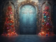 two christmas trees in front of a blue door with lights and decorations on the doors