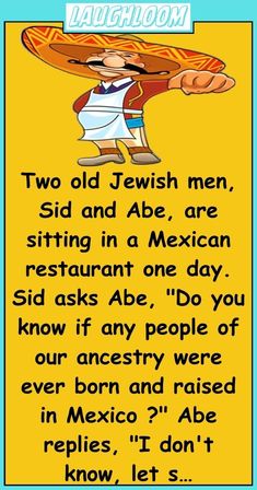 an image of a cartoon character holding a surfboard with the caption, two old jewish men, sit and abe, are sitting in a mexican restaurant one day