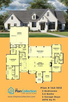 transitional courtyard house, Plan # 142-1513 Southern Style Home, Southern Style House Plans, Southern House Plans, Large Kitchen Island, Transitional House, Courtyard House, Open Layout, Country Design, Large Kitchen