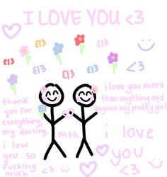 two stick figures holding hands in front of the words i love you 3 and flowers