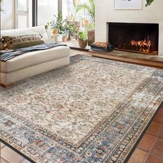 a living room with a large rug on the floor and a fire place in the corner