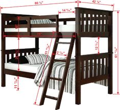 bunk bed with ladders and measurements for the top level, below it is a full size bed