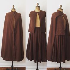 "One of a kind vintage Andre Laug cape, skirt & vest set all 100% Wool w/silk lining. Stunning! In excellent condition! Measurements taken flat: Cape:  46\" length Vest:  15\" across shoulder 19\" across back 21\" length Skirt: 29.5\" length 15.5\" waist"