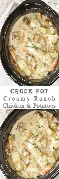 two pictures of crock pot creamy chicken and potatoes in a black casserole dish