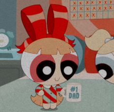 two cartoon characters are standing in front of a desk with an alarm clock on it