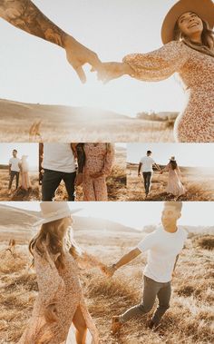 two people holding hands in the middle of an open field