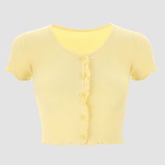 Cider Pastel Yellow Short Sleeve Crop Top Slim Fit, Crewneck Ruffle Design With Buttons 95% Polyester 5% Spandex New With Tags Size Large (Runs Small) Cheap Cute Yellow Top, Yellow Blue Outfit, Pastel Yellow Shirt, Cheap Yellow 90s Tops, Yellow Short Sleeve Grunge Tops, Cheap Yellow Cropped Top, Yellow Ruffle Top, Pastel Crop Top, Mila Mikhailov