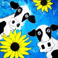 three black and white cows standing next to a yellow sunflower on a blue background