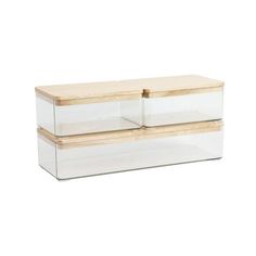 two glass boxes with wooden lids on white background photo and text are not available for purchase