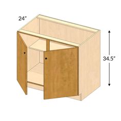 the measurements for an unfinished cabinet with doors and drawers on each side, including one door open