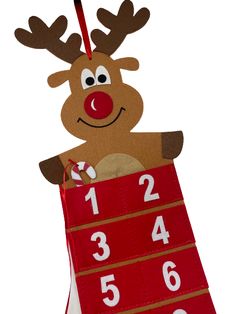 a reindeer hanging from the side of a red bag with numbers on it's face