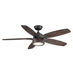 a ceiling fan with three wooden blades and a light on the bottom one is dark brown