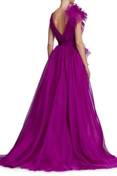 Extravagance Purple Ruffled Evening Dress Prom Dresses Tulle, Empire Waist Tops, Dresses Tulle, A Line Prom Dresses, Tulle Prom Dress, Crop Top Blouse, Marchesa, Cutout Dress, Dress Suits