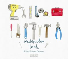 watercolor tools are arranged in the shape of a circle, including hammers, pliers and wrenches