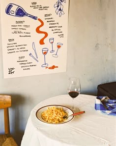 a bowl of noodles and a glass of wine on a table with a poster above it