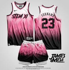 a pink and black basketball jersey with the number 23 on it, next to shorts