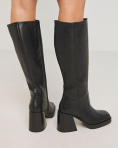 Step back into the 70's with these gorgeous platform knee high boots. Genuine leather for quality that lasts, flared block heel, full length zip & soft comfortable sock. Platform Knee High Boots, Boots Wide, Heel Stretch, Knee High Heels, High Waisted Flare Jeans, High Leather Boots, Comfortable Socks, Chunky Knitwear, How To Stretch Boots