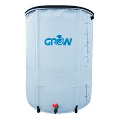 a large white water tank with the word grow on it's side and blue lettering