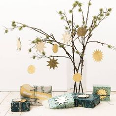 presents under a tree in front of a white wall