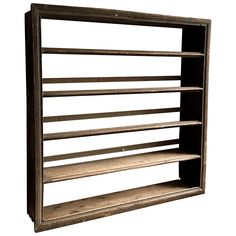 an old wooden shelf with three shelves on each side and no one in the middle