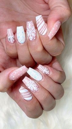 Pink Christmas Nails French Tips, Pink Silver Christmas Nails, All White Christmas Nails, Kids Xmas Nails, Ho Ho Ho Nails, Christmas Nails Pink And White, Pink And White Christmas Nails, Xmas Nail Designs, Snowflake Nail Design