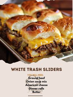 🍔🎉 Bite into these delicious White Trash Sliders for a fun, flavorful treat! #Sliders #PartyFood White Trash Sliders Ingredients: Ground beef (1 lb) Onion soup mix (1 packet) American cheese (8 slices) Dinner rolls (8) Butter (1/4 cup, melted) Worcestershire sauce (2 tbsp) Mustard (1 tbsp) Pickles (optional, for topping) Instructions: Preheat oven to 350°F (175°C). Mix ground beef with onion soup mix and Worcestershire sauce. Press beef mixture into a baking dish and bake for 15 minutes. ... White Trash Sliders Recipe, Best Hamburger Patty Recipe, Hamburger Recipes Patty, Oven Top, Easy Eat, Slider Recipes, Slices Recipes, American Cheese, Oven Dishes