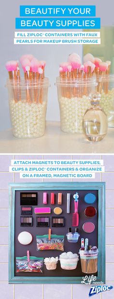 Keep your makeup brushes clean and organized with these DIY brush holders. Just fill a Ziploc® Twist ‘n Loc with faux pearls, beads, or decorative rocks and then add your brushes. The holder will looks nice on your countertop and can clear up some drawer space in your bathroom. The magnetic board is another great DIY makeup organization idea. A cute and functional way to add some personality to your vanity or bathroom and keep your favorite products easy to find. Diy Brush Holder, Diy Makeup Brush Cleaner, Bathroom Organization Diy, Makeup Brush Organization