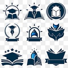 various logos and emblems for books, including an open book with a graduation cap on top