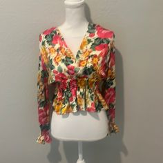 Brand New Never Worn 2359/ 103/330 100% Polyester Feminine V-neck Printed Blouse, Spring Floral Print Long Sleeve Tops, Multicolor Long Sleeve Blouse For Brunch, Feminine Multicolor Long Sleeve Blouse, Long Sleeve Multicolor Blouse For Brunch, Feminine Long Sleeve Multicolor Blouse, Zara V-neck Printed Tops, Multicolor Blouse For Brunch In Spring, Feminine Multicolor Blouse For Day Out