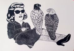 a drawing of a woman sitting on a branch with two birds perched on her arm