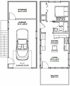 the floor plan for a two story house with an attached garage and living room area