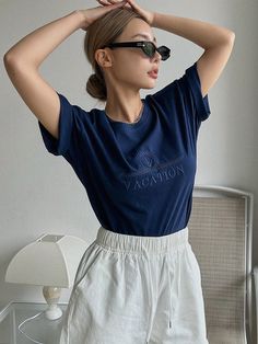 Letter Embroidery Drop Shoulder Tee Navy Blue Casual  Short Sleeve Knitted Fabric Plain  Slight Stretch  Women Clothing, size features are:Bust: ,Length: ,Sleeve Length: Navy Blue Tee Outfit, Navy Tee Outfit, Blue Tee Outfit, Marine Outfit, Drop Shoulder Tee, Letter Embroidery, Klein Blue, Colour Combination, Tee Outfit