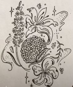 a drawing of flowers and butterflies on paper