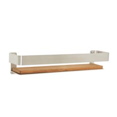 a white shelf with a wooden board on the bottom and two metal hooks attached to it