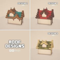 four different types of roof designs for the house in minecraft, including two roofs and three windows