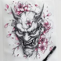 Japanese Flower Back Tattoo, Japanese Tattoo Art Oni, Japanese Face Tattoo, Omni Mask Tattoo, Japanese Hannya Mask Tattoo Design, Cherry Blossom Tattoo Stencil, Hanya Mask Tattoo Design, Hannya Mask Tattoo Design, Oni Mask Tattoo Design