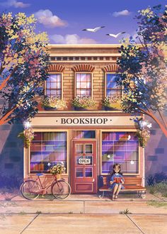 a painting of a woman sitting on a bench in front of a book shop