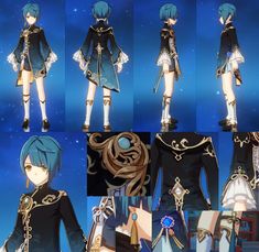 several images of an anime character with blue hair and black clothes, in various poses