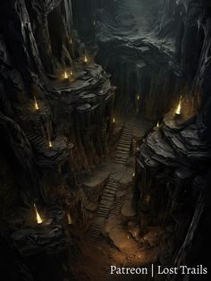 a dark cave with stairs leading up to the top and glowing lights on the floor