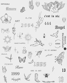 the back side of a sheet of paper with different tattoos on it, including flowers and hearts