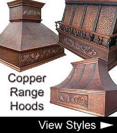 copper range hoods are shown in different styles and sizes, with the words copper range hoods above them