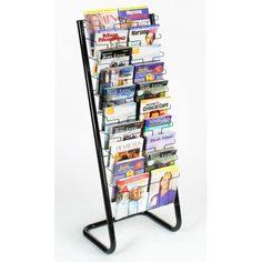 a magazine rack with many magazines on it