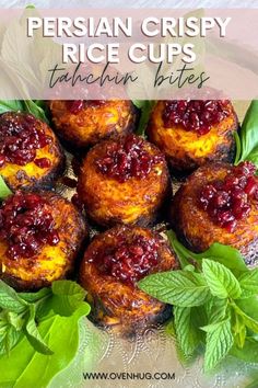 persian crispy rice cups with raspberry sauce on top and mint leaves around the edges