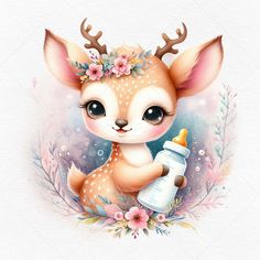 a baby deer holding a bottle with flowers on it