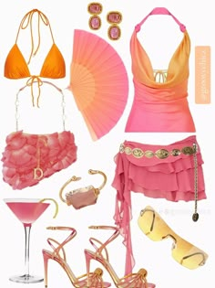 Green And Pink Summer Outfit, Tropicore Outfits, Orange And Pink Outfit, Ibiza Fits, Pink And Orange Outfit, Magical Outfits, Pink Summer Outfits, Holiday Fits, Cute Vacation Outfits