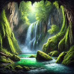 a painting of a waterfall in the middle of a forest with green mossy rocks