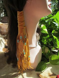 Native American One Gold Deerskin Leather by PatchesCustomLeather Native Artifacts, Boho Hair Wrap, American Costume, Leather Hair Accessories, Leather Tutorial, Brown And Turquoise, Hair Wrap Scarf