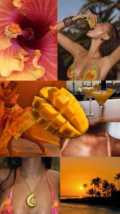 a collage of photos with flowers and drinks