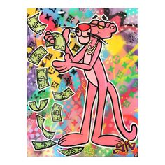 a pink cartoon character with money coming out of his mouth