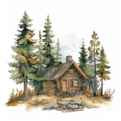 a watercolor painting of a log cabin in the woods with trees and rocks on the ground